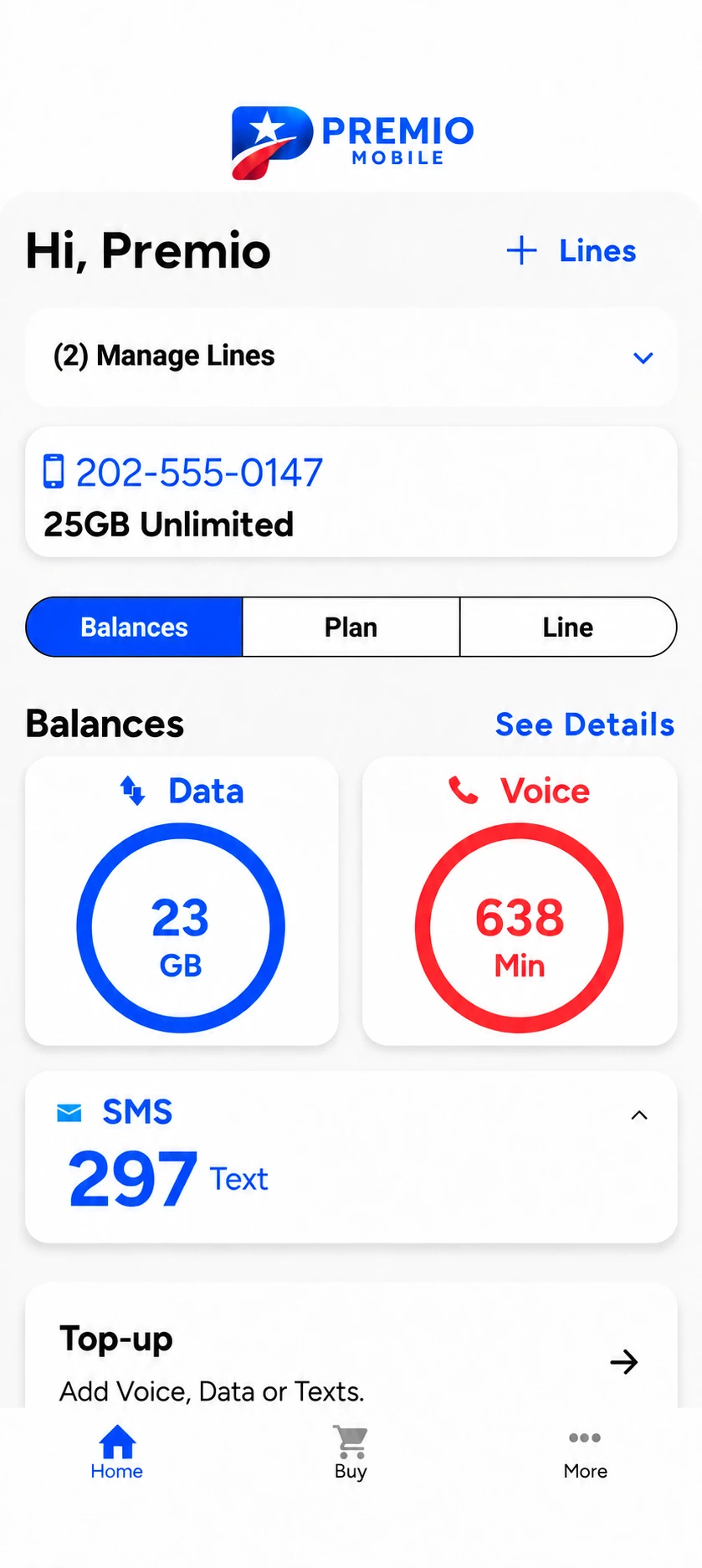 Vista previa de la cuenta Premio Mobile con saldos de datos, voz y mensajes
